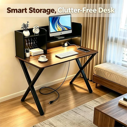 44"×24" Black Computer Desk with Charging Ports, Home Office Desk with Hutch Pegboard Study Gaming Desk with Motion Sensor Light, Modern Writing Desk Table for Home Office Bedroom Kis Room