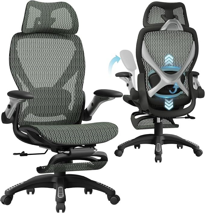 ELABEST X100 Ergonomic Mesh Office Chair with Footrest, Big and Tall Hone Desk Chair with 5D Flip-Up Arms, Adjustable 3D Lumbar Support,Gaming & Executive Computer Chairs for Long Hours (Dusty Sage)