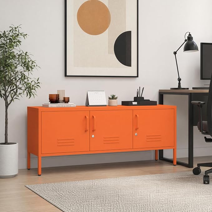 Metal Storage Cabinet with Adjustable Shelves, Wide Lockable TV Stand, Multipurpose Accent Cabinet, Orange Colorful Locker for Home Office Living Room, 22" H x 47.3" x 13.8" D
