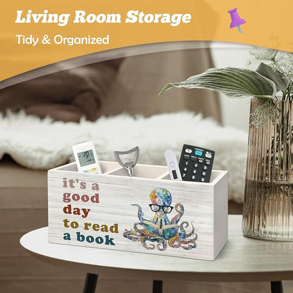 Book Lovers Gifts Octopus Pen Holder Organizer for Desk Accessories, It's a Good Day to Read a Book Wooden Box Sign Desk Decorations for Kids Classroom Reading Room Corner Nook Decor