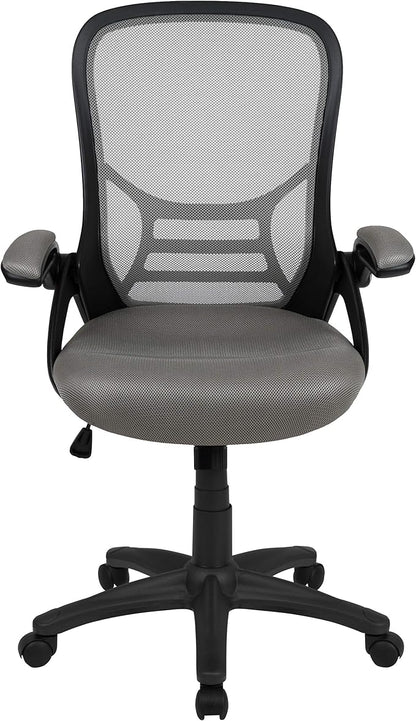 Flash Furniture Porter High-Back Swivel Office Chair with Adjustable Lumbar Support and Seat Height, Ergonomic Mesh Desk Chair with Flip-Up Armrests, Gray/Black