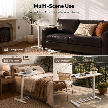 SANODESK Medical Adjustable Overbed Bedside Table with Hidden Casters, Pneumatic Mobile Laptop Computer Standing Desk Cart Overbed Table with Tray, Hospital and Home Use(27.6" W x 15.7" D, White)