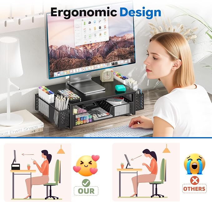 Simple Trending Metal Monitor Stand Riser, Drawer & 2 Pen Holders, Black | 2-in-1 Desk Organizer & Monitor Stand | Sturdy Metal | Drawer + Pen Holders | Ergonomic Support | Space Saving | Easy Setup