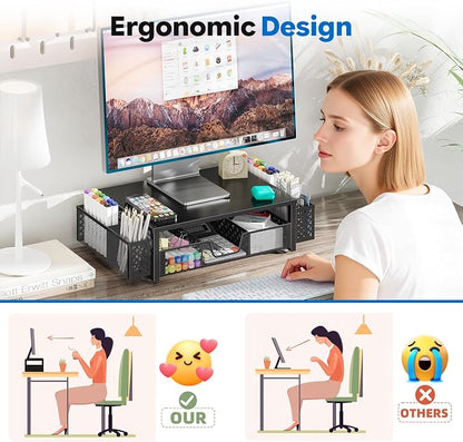 Simple Trending Metal Monitor Stand Riser, Drawer & 2 Pen Holders, Black | 2-in-1 Desk Organizer & Monitor Stand | Sturdy Metal | Drawer + Pen Holders | Ergonomic Support | Space Saving | Easy Setup