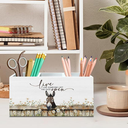 DILSJ Inspirational Donkey Pen Pencil Holder Organizer for Desk, Donkey Gifts for Women, Live Like Someone Left The Gate Open Wooden Box Signs for Home Office Desk Tabletop Decoration