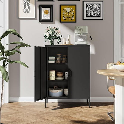 Bevivog Metal Locker Storage Cabinet, Home Office Metal Storage Cabinet Small Sideboard with 2 Doors and 2 Adjustable Shelves,40" Counter Cabinets for Office Garage Bathroom Living Room Hallway