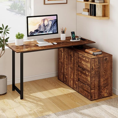 GOFLAME 54.5” L Shaped Computer Desk with Power Outlet, Reversible Corner Desk with File Cabinet and 3 Drawers, PC Desk Study Writing Table Workstation for Home Office, Small Space, Rustic Brown