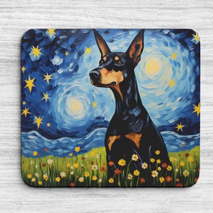 Starry Night Dog Mouse Pad for Computer Laptop Home Office Gaming Working Desk Desktop Accessories Non-Slip Rubber Mouse Pad for Dog Lovers (Doberman)