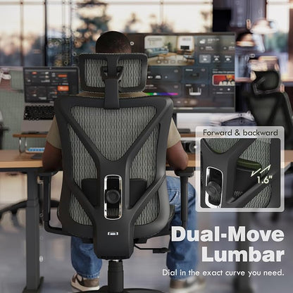 ELABEST T23 Ergonomic Mesh Office Chair, High Back Computer Desk Chair, Breathable AirMesh with Dual-Move Lumbar Support, 3D Armrests & Headrest, Tilt Lock, Big and Tall for Home Office((Eucalyptus)