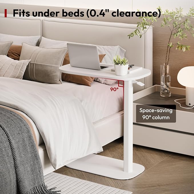 SANODESK Adjustable Overbed Bedside Table Pneumatic Adjustable Height Laptop Computer Standing Desk Cart with Tray, Hospital and Home Use(23.6" W x 13.8" D,White)