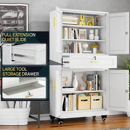 PAOFIN Metal Tall Storage Cabinet with Drawer, Garage Storage Cabinet with Locking Doors and 3 Adjustable Shelves, 71" H Steel Cabinets for Garage, Home, Office, White, Assembly Required