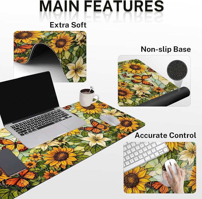 Britimes Yellow Sunflower Butterfly Keyboard Mouse Pad Set Floral Vintage 4in1 Large Mousepad+Keyboard Wrist Rest+Mouse Wrist Rest+Coaster Ergonomic Design for Home Office Computer 35.4x15.7 inches
