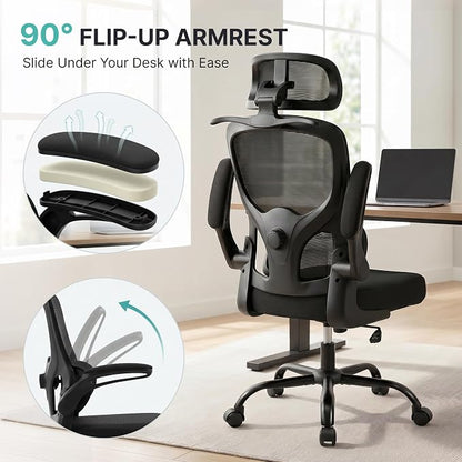 Ergonomic Office Chair, 330lbs Mesh Desk Chair with Adjustable Lumbar Support, 3D Headrest and Flip-Up Arms, Comfortable High Back Computer Chair for Home Office