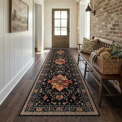 RELEANY Area Rugs Runner 2'x8' Washable Non-Slip, Floral Vintage Distress Medallion Carpet for Kitchen Hallway Bedroom Beside Laundry Room Bathroom, Black Colorful Floral Dark Tan