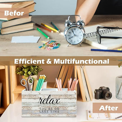 DILSJ Lake House Decor Pen Pencil Holder Organizer for Desk, Lake House Life Gifts for Women, Nautical Relax You're on Lake Time Wooden Box Signs for Home Office Desk Tabletop Decoration