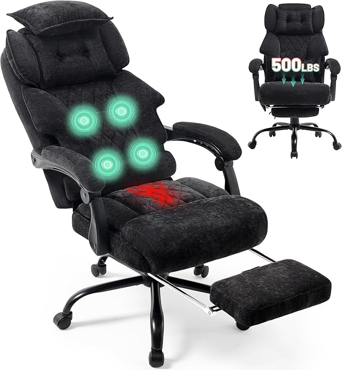 Office Chair with Foot Rest,3D Kneading Massage & Heat Executive Office Chairs for Heavy People,500LBS Big and Tall Office Chair,Ergonomic Desk Chair,Home Office,Dual-Use Pillow,BlackCloth