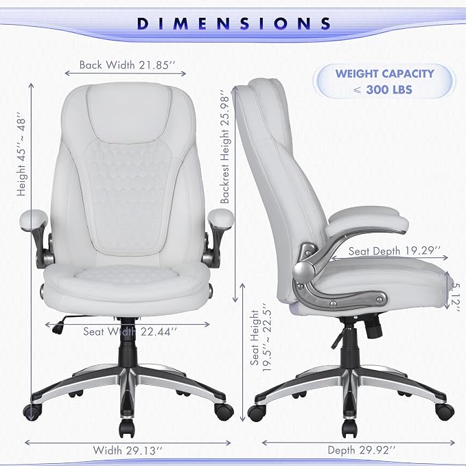 COLAMY Office Chair Ergonomic Desk Chair-Executive Office Chair with Upgraded Caters, High Back Computer Chair Flip-up Arms, Strong Metal Base, Swivel Leather Chair for Work/Study, 300lbs, White