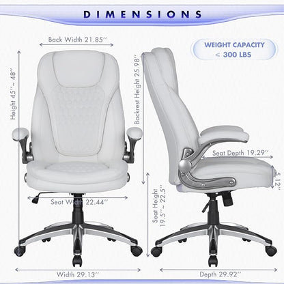COLAMY Office Chair Ergonomic Desk Chair-Executive Office Chair with Upgraded Caters, High Back Computer Chair Flip-up Arms, Strong Metal Base, Swivel Leather Chair for Work/Study, 300lbs, White