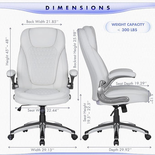 COLAMY Office Chair Ergonomic Desk Chair-Executive Office Chair with Upgraded Caters, High Back Computer Chair Flip-up Arms, Strong Metal Base, Swivel Leather Chair for Work/Study, 300lbs, White