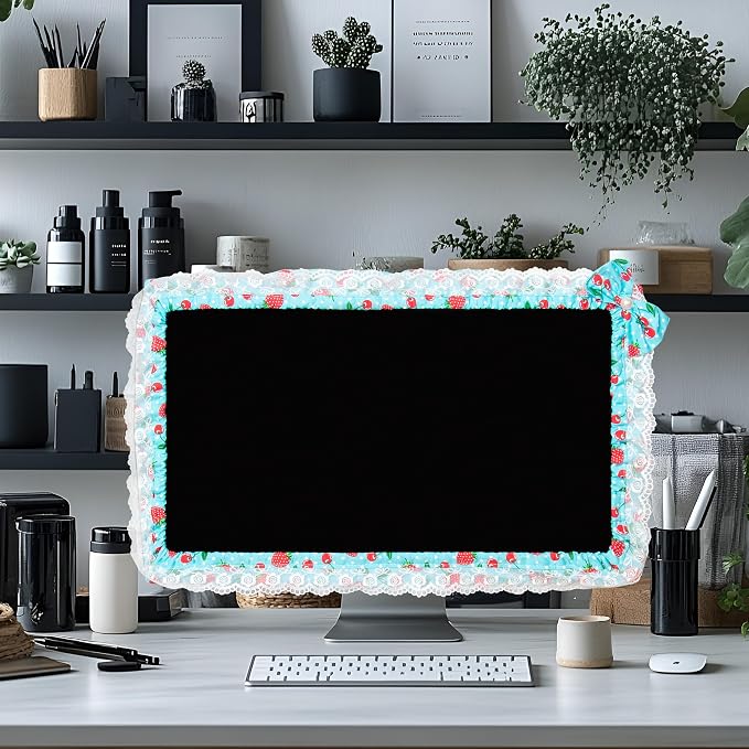 24-inch Cute Lace Fabric Monitor Cover with Elastic Pen Pocket & Bow-knot Design, Dust Protector for Computer/TV/LCD Screens - Blue