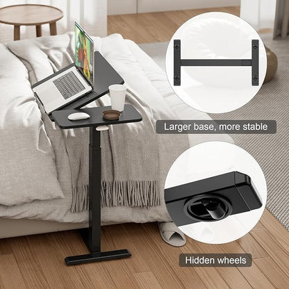 Simple Deluxe Standing Rolling Desk with Hidden Casters, Height Adjustable Pneumatic Mobile Laptop Desk, Tilting Bedside Table for Laptop, Overbed Bedside Table Hospital Home Use, Black