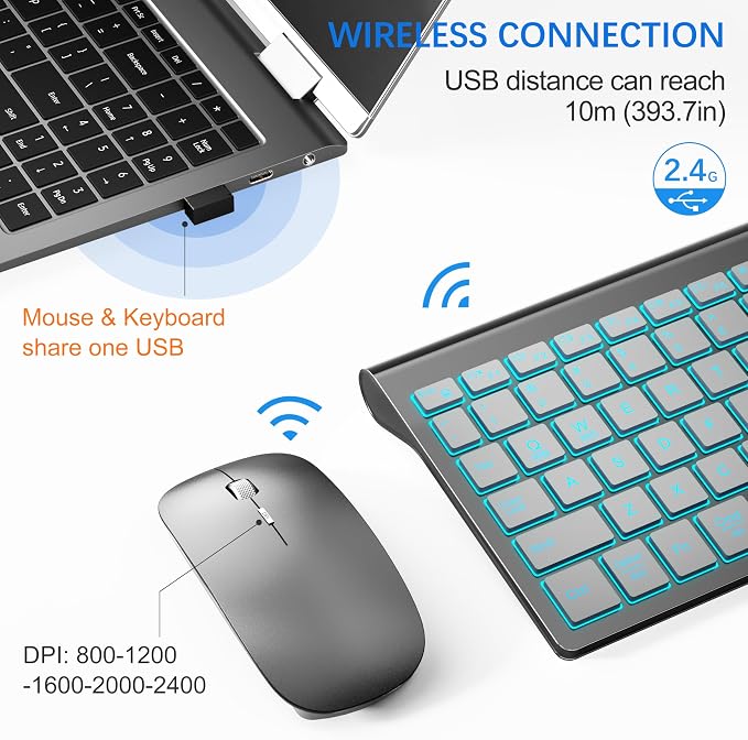 Wireless Backlit Keyboard and Mouse Ultra Slim Combo, TopMate 2.4G Silent Compact 2400DPI Mouse and Scissor Switch Keyboard Set, Batteries Included, for PC/Laptop/Windows/Mac/Gaming - BL Gray Silver