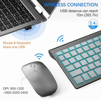 Wireless Backlit Keyboard and Mouse Ultra Slim Combo, TopMate 2.4G Silent Compact 2400DPI Mouse and Scissor Switch Keyboard Set, Batteries Included, for PC/Laptop/Windows/Mac/Gaming - BL Gray Silver