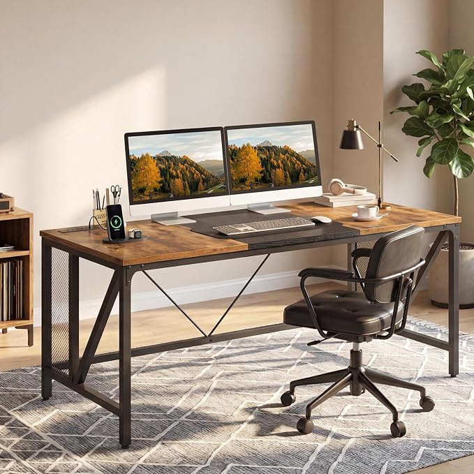 YATINEY 63" Computer Desk with Power Outlets, Gaming Desk, Large Office Executive Desk Workstation, Business Furniture for Home Office, Study, Rustic Brown and Black DN16UBR