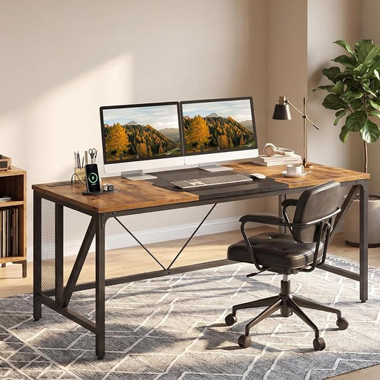 YATINEY 63" Computer Desk with Power Outlets, Gaming Desk, Large Office Executive Desk Workstation, Business Furniture for Home Office, Study, Rustic Brown and Black DN16UBR