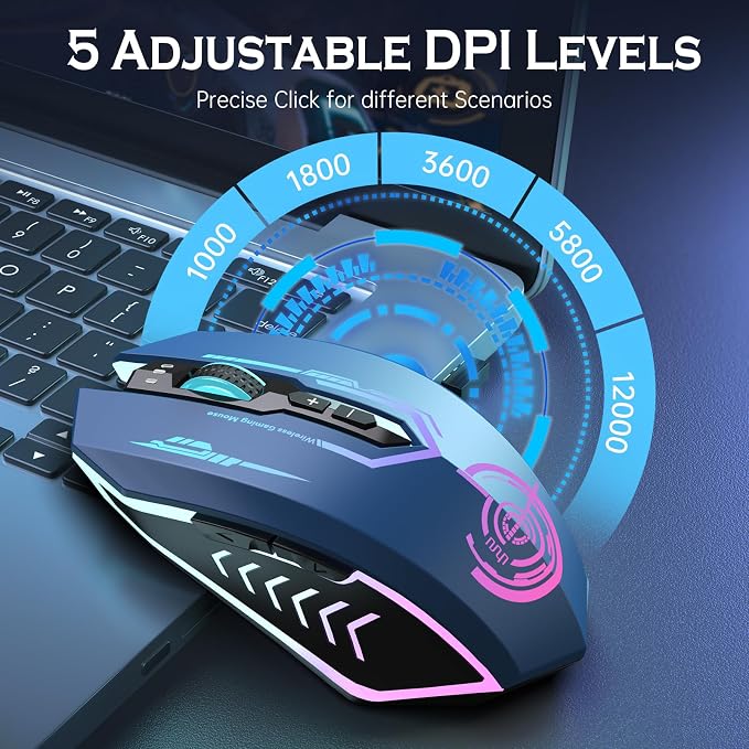 UHURU Gaming Mouse, Wireless Gaming Mouse with 7 Buttons 7 Changeable LED Color up to 12000 DPI, Rechargeable USB Gamer Mouse for PC Laptop (Blue)