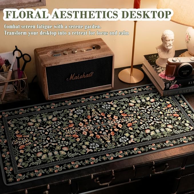 iCasso Desk Mat for Keyboard and Mouse, Large Mouse Pad, Desk Pad Mat, Anti-Slip Big Mousepad with Stitched Edges for Computer Desktop(Floral)