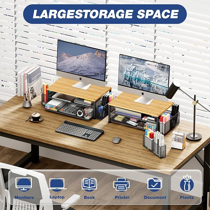 OPNICE Desk Organizers and Accessories, 2-Tier Computer Monitor Stand with Drawer and 2 Pen Holders, Laptop Stand, Office Desk Accessories for Office Supplies, Oak