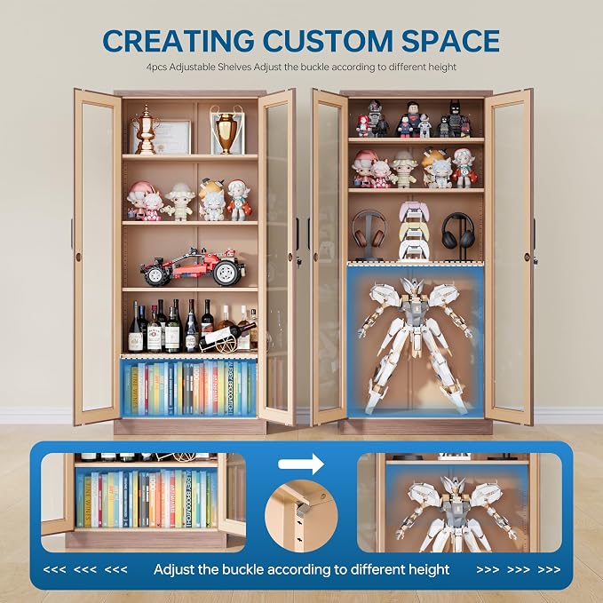 PEUKC Display Cabinet with Glass Doors, 71 Inches Metal Display Case with 4 Adjustable Shelves, Curio Storage Cabinet with Lock for Home, Office, Book, Pantry, Assemble Required (Wood Color)