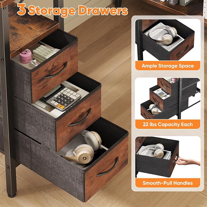 DUMOS L Shaped Desk with Shelf Drawers 55 Inch, Brown Corner Computer Desks Gaming with Power Outlet, Study Table with Adjustable Shelves, Home Office Tables for Bedroom Teacher Reading Writing