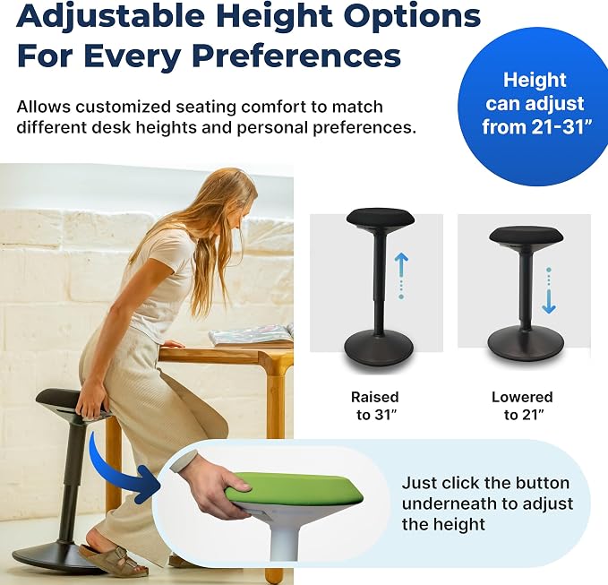 Standing Desk Stool Chair, Height Adjustable Stool 21-31 inch for Office and Classroom, Swivel seat, Anti-Slip Bottom Ergonomic Wobble Stool with Rocking Motion, Green