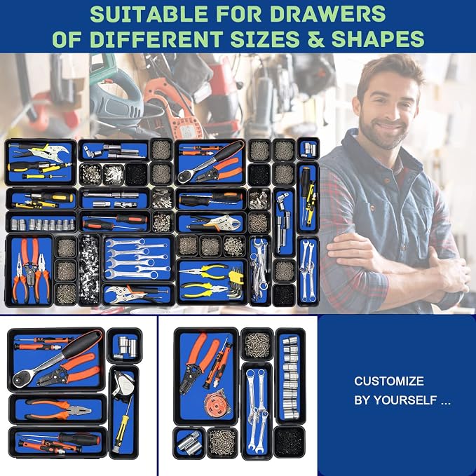 Tool Box Organizer, Tool Drawer Organizer Tray Divider, Toolbox Organization, Garage Tool Organizers and Storage, Tool Box Accessories for Rolling Tool Chest Cabinet (Blue (47PCS))