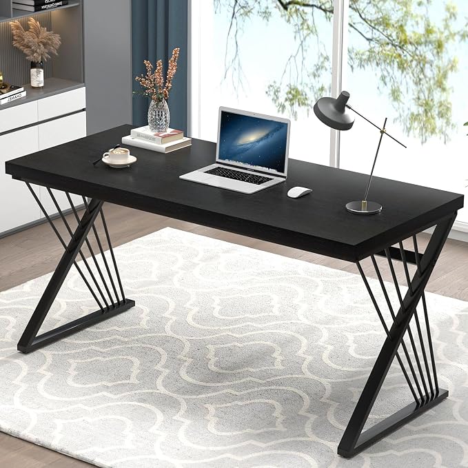 FOLUBAN Black Desk, Modern Wood and Metal Computer Desks for Home Office, Simple Writing Work PC Desk for Bedroom, Industrial Study Gaming Table for Living Room, 60 Inch