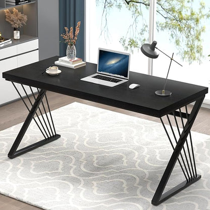 FOLUBAN Black Desk, Modern Wood and Metal Computer Desks for Home Office, Simple Writing Work PC Desk for Bedroom, Industrial Study Gaming Table for Living Room, 60 Inch