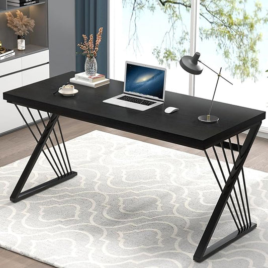 FOLUBAN Black Desk, Modern Wood and Metal Computer Desks for Home Office, Simple Writing Work PC Desk for Bedroom, Industrial Study Gaming Table for Living Room, 60 Inch