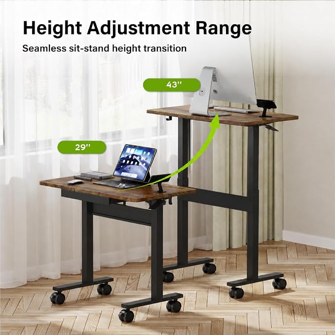Standing Desk for Walking Pad with Wheels, Pneumatic Cordless Height Adjustable Rolling Desk, Computer Workstation with Drawer Hook Locking Casters for Treadmill Home Office, Dark Wood