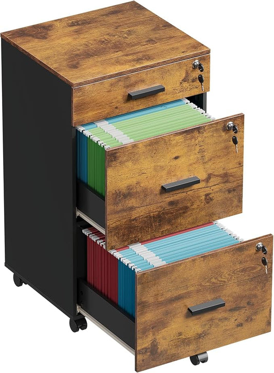 DEVAISE 3 Drawer File Cabinet with Lock & Wheels, Wood Printer Stand, Mobile Filing cabinets for Home Office, Fits Letter/A4 Size, Rustic Brown
