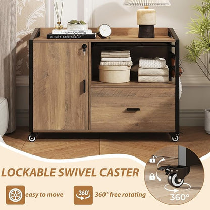 HSH Rolling File Cabinet with Lock, Mobile Lateral Filling Cabinet on Wheels, Wood Printer Stand with Storage Drawer, Modern File Cabinets Fits F4 Legal for Home Office, Rustic Oak, 33Inch