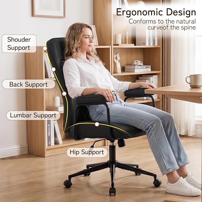 Furniliving Leather Office Chair, Comfy Home Office Desk Chair, Mid Century Modern Office Chair with Lumbar Support, Mid-Back Adjustable Swivel Computer Chair with Wheels and Arms, Black