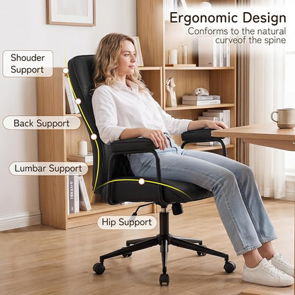 Furniliving Leather Office Chair, Comfy Home Office Desk Chair, Mid Century Modern Office Chair with Lumbar Support, Mid-Back Adjustable Swivel Computer Chair with Wheels and Arms, Black