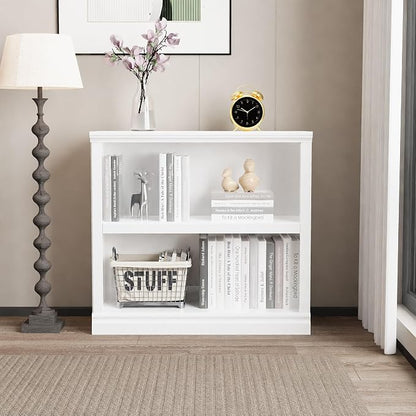 blini White Bookshelf and Bookcase Set of 2, Double Wide Large Bookshelves 2 Tier Wooden Bookshelf with Storage Cabinets for Living Room, Home Office, Library (White, 2 - Shelf)