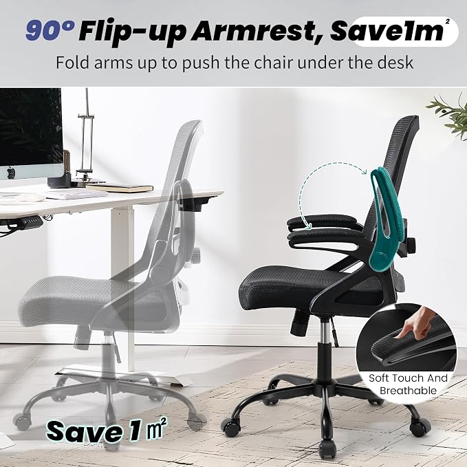 Executive Office Chair with Adjustable Lumbar Support Flip-Up Arms,Black | Executive Mesh Office Chair with Adjustable Lumbar Support, Flip-Up Arms, Thick Foam Seat, Swivel Rolling Chair, 400lbs