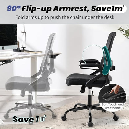 Executive Office Chair with Adjustable Lumbar Support Flip-Up Arms,Black | Executive Mesh Office Chair with Adjustable Lumbar Support, Flip-Up Arms, Thick Foam Seat, Swivel Rolling Chair, 400lbs