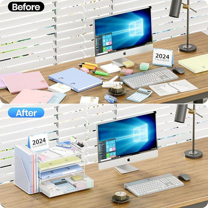OPNICE Desk Organizer, 4-Tier Desktop File Organizer with Drawer and 2 Pen Holders, Office Desk Accessories, File Sorters, Workspace Organizers for Office Supplies(White)