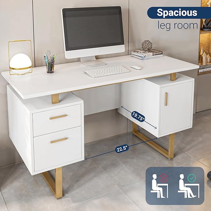 Techni Mobili Storage Drawers and Cabinet 51.25” W-Modern Office Large Floating Desktop Surface Desk, 23.6" D x 51.2" W x 29.8" H, White/Gold