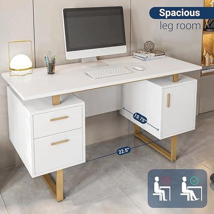 Techni Mobili Storage Drawers and Cabinet 51.25” W-Modern Office Large Floating Desktop Surface Desk, 23.6" D x 51.2" W x 29.8" H, White/Gold